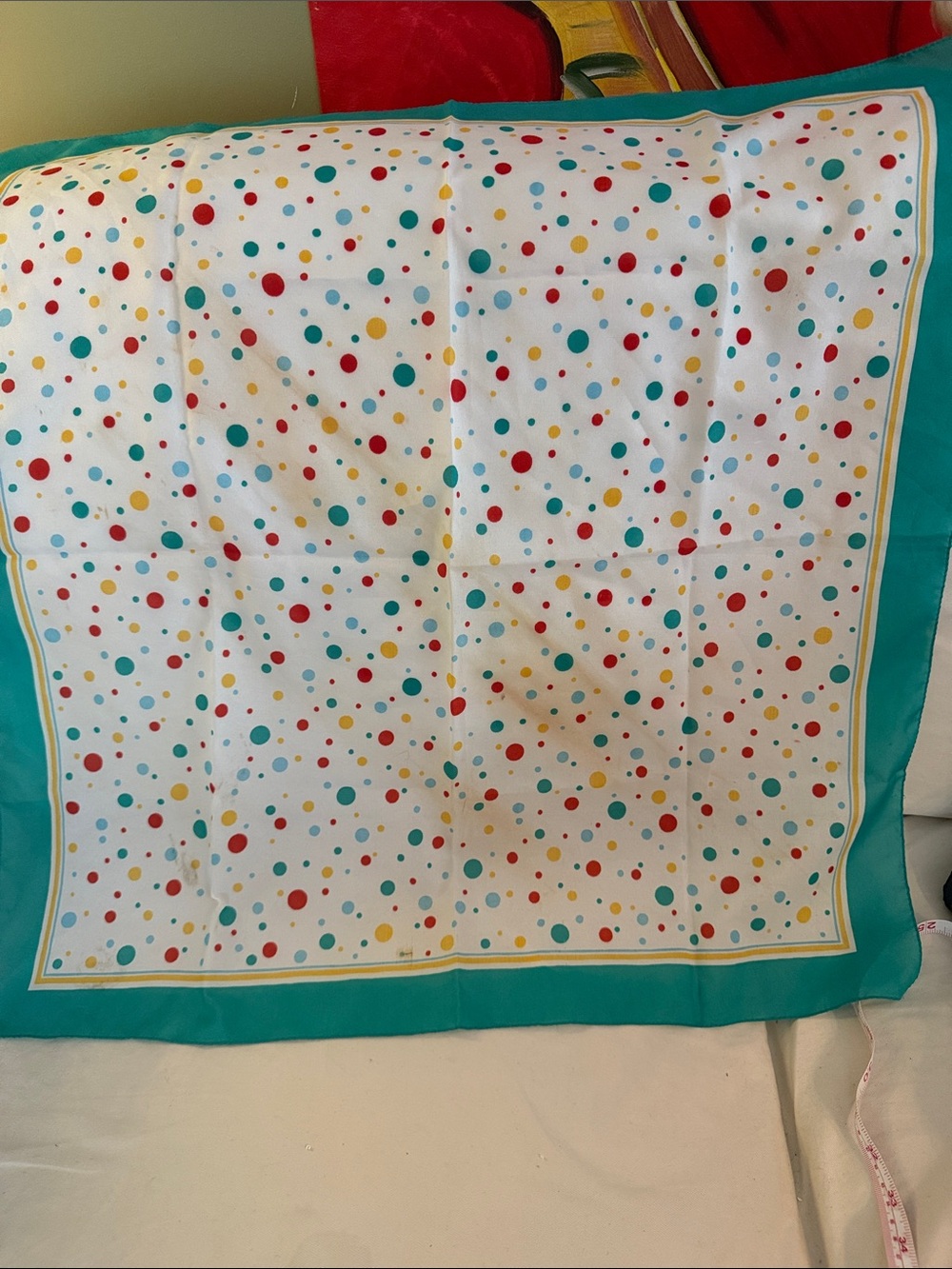 27" x 27" VTG Liz Sinclair Polka Dot Square Scarf Teal Border Confetti Print